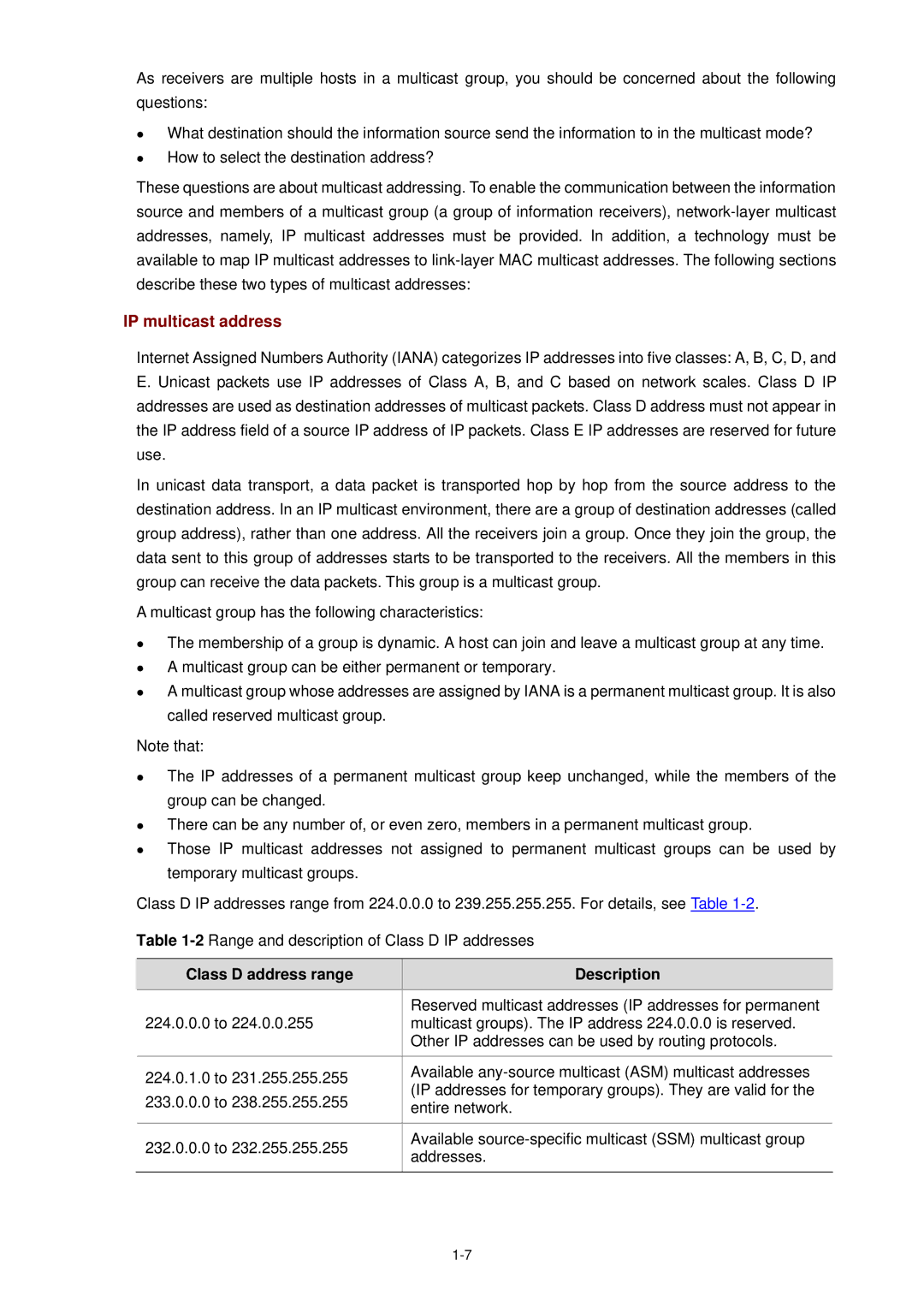 3Com WX3000 operation manual IP multicast address, Class D address range Description 