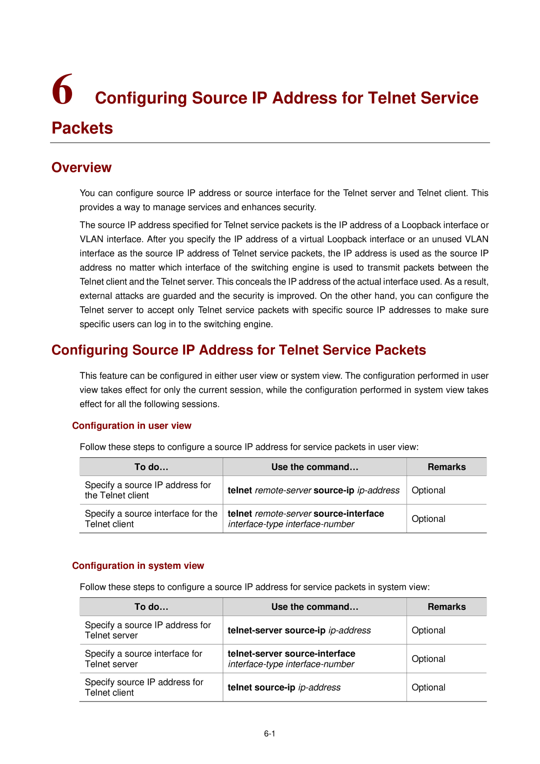 3Com WX3000 operation manual Configuring Source IP Address for Telnet Service Packets, Overview, Configuration in user view 