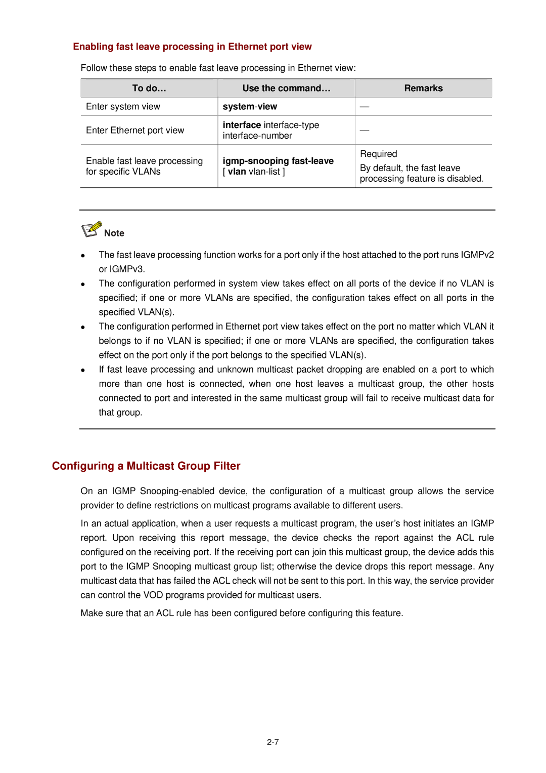 3Com WX3000 Configuring a Multicast Group Filter, Enabling fast leave processing in Ethernet port view, System -view 