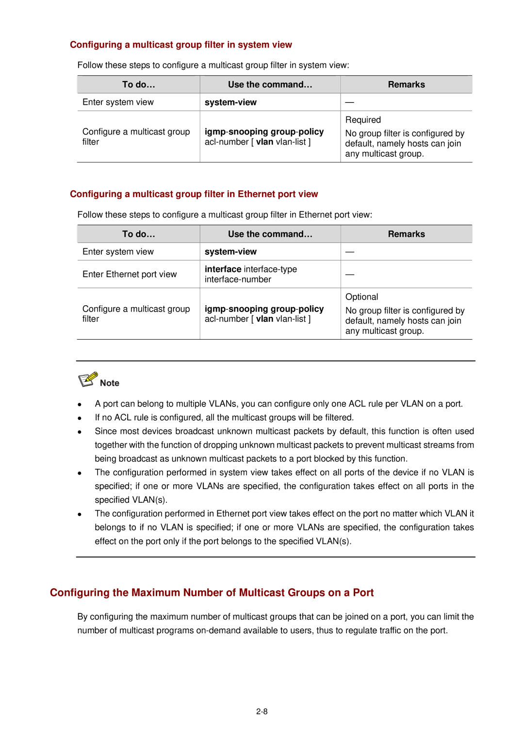 3Com WX3000 Configuring a multicast group filter in system view, Igmp -snooping group -policy, Acl-number vlan vlan-list 