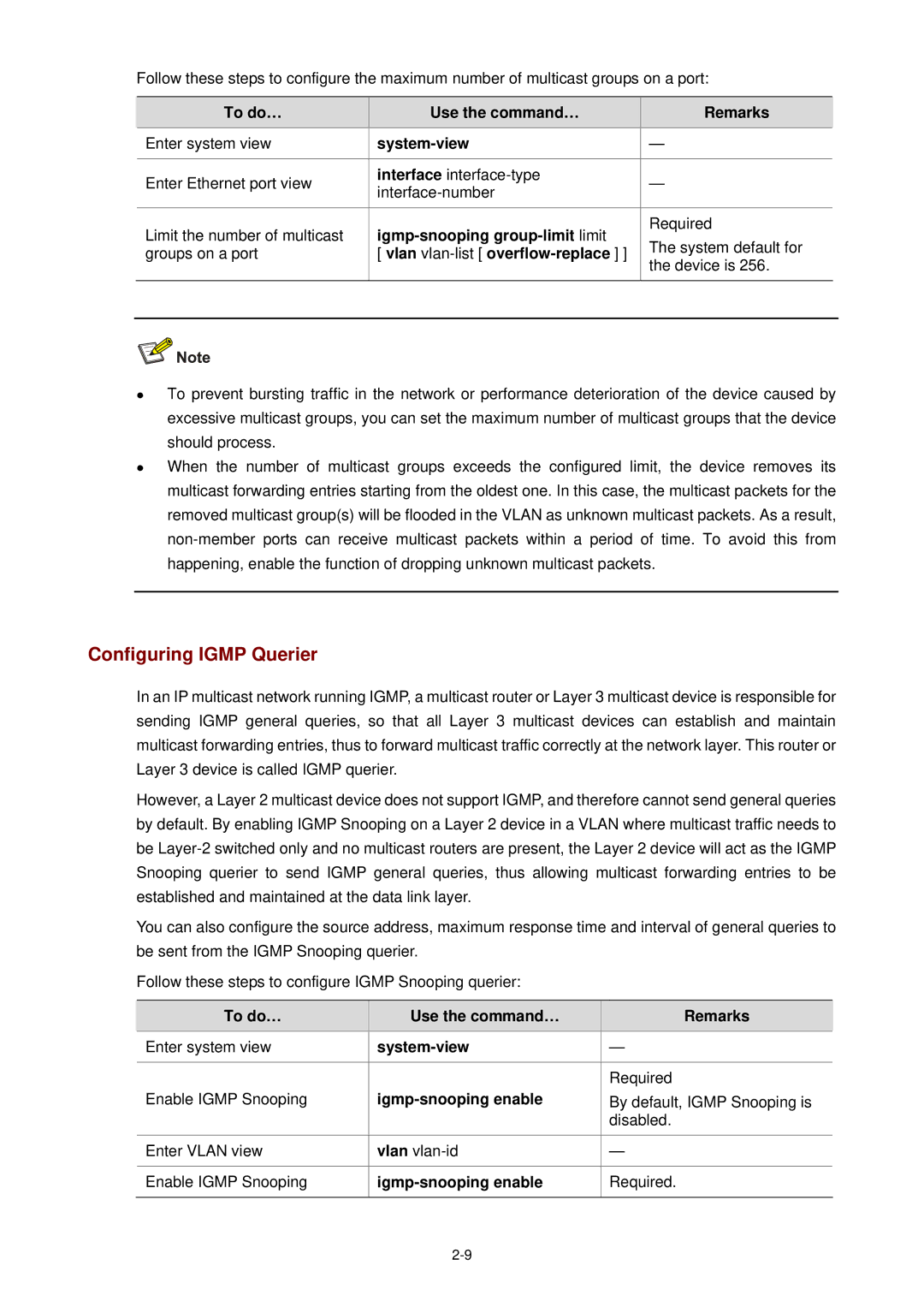 3Com WX3000 operation manual Configuring Igmp Querier, Igmp-snooping group-limit limit, Vlan vlan list overflow-replace 