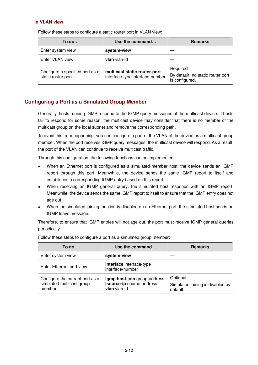 3Com WX3000 operation manual Configuring a Port as a Simulated Group Member, Vlan view, Igmp host-join group-address 