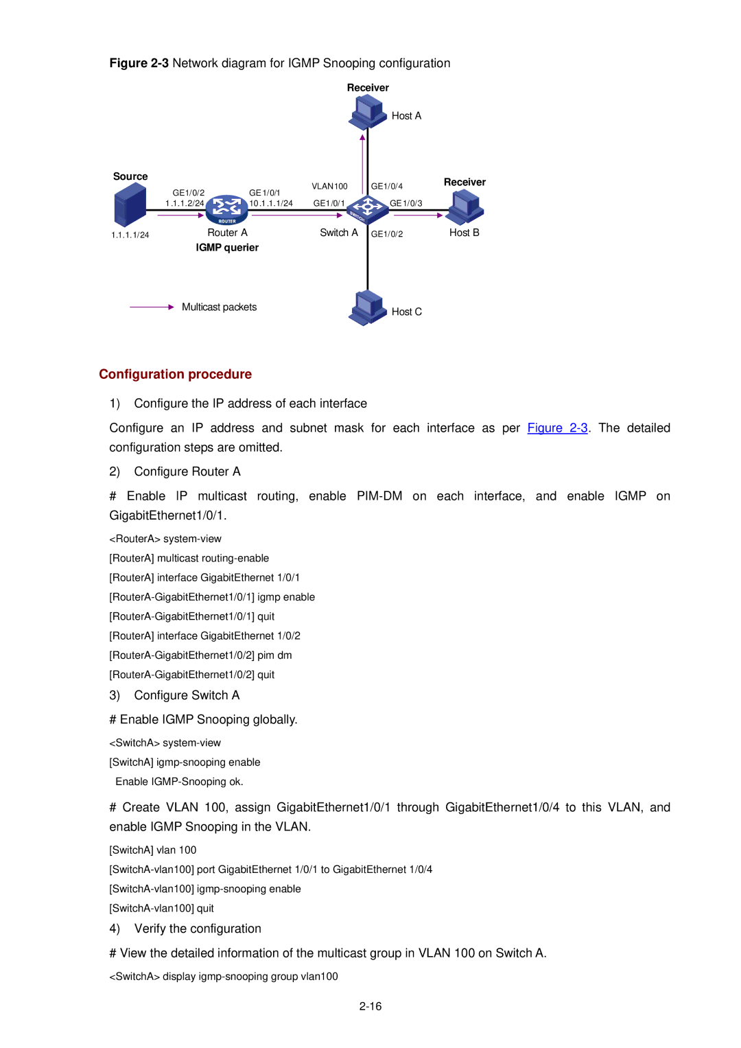 3Com WX3000 3Network diagram for Igmp Snooping configuration, Configure Switch a # Enable Igmp Snooping globally 