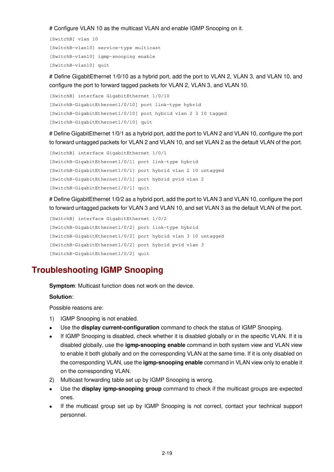 3Com WX3000 operation manual Troubleshooting Igmp Snooping, Symptom Multicast function does not work on the device 