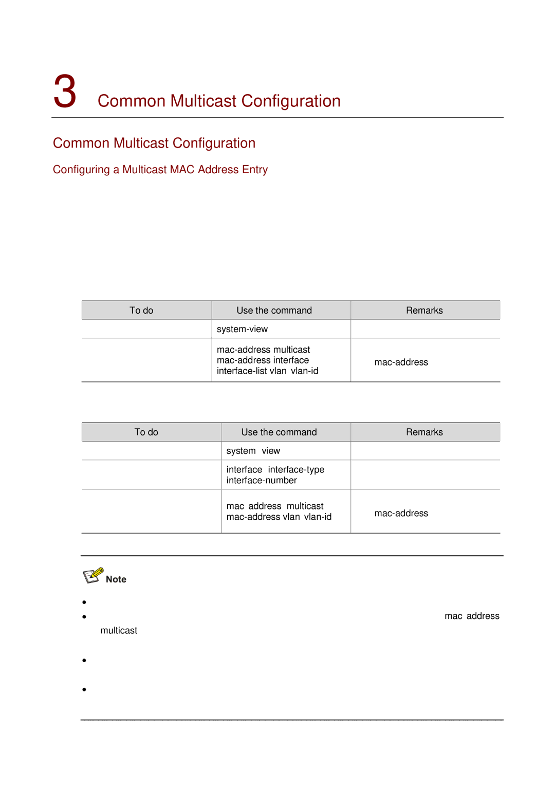 3Com WX3000 Common Multicast Configuration, Configuring a Multicast MAC Address Entry, Mac-address multicast 