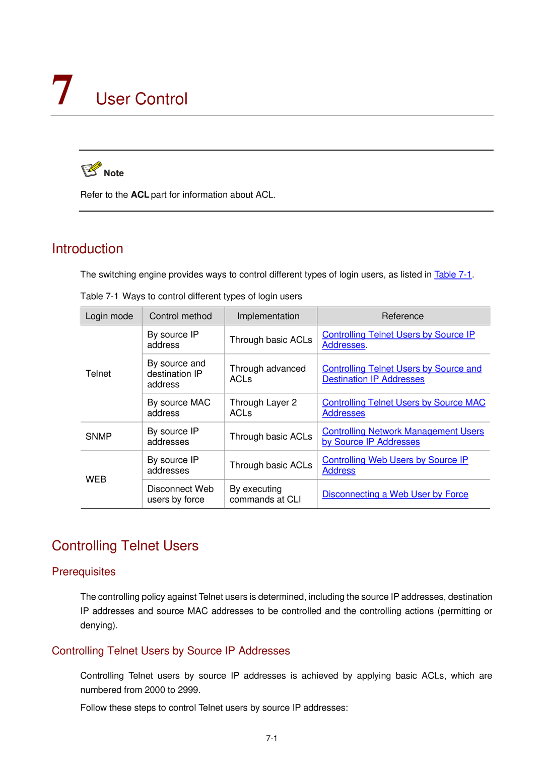 3Com WX3000 operation manual User Control, Prerequisites, Controlling Telnet Users by Source IP Addresses 