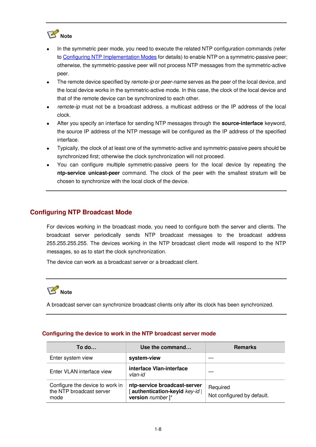 3Com WX3000 operation manual Configuring NTP Broadcast Mode, Configure the device to work, Ntp-service broadcast-server 