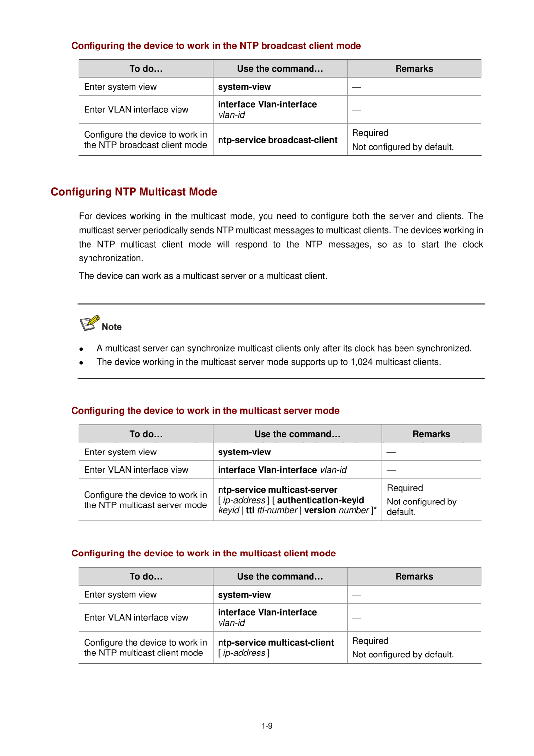 3Com WX3000 operation manual Configuring NTP Multicast Mode, Configuring the device to work in the multicast server mode 