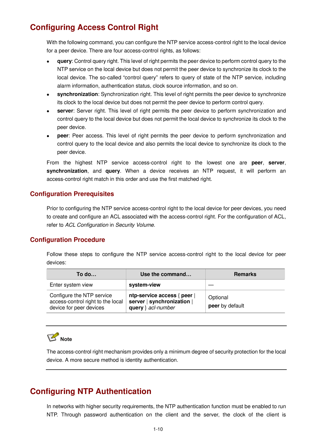 3Com WX3000 Configuring Access Control Right, Configuring NTP Authentication, Ntp-service access peer, Query acl-number 