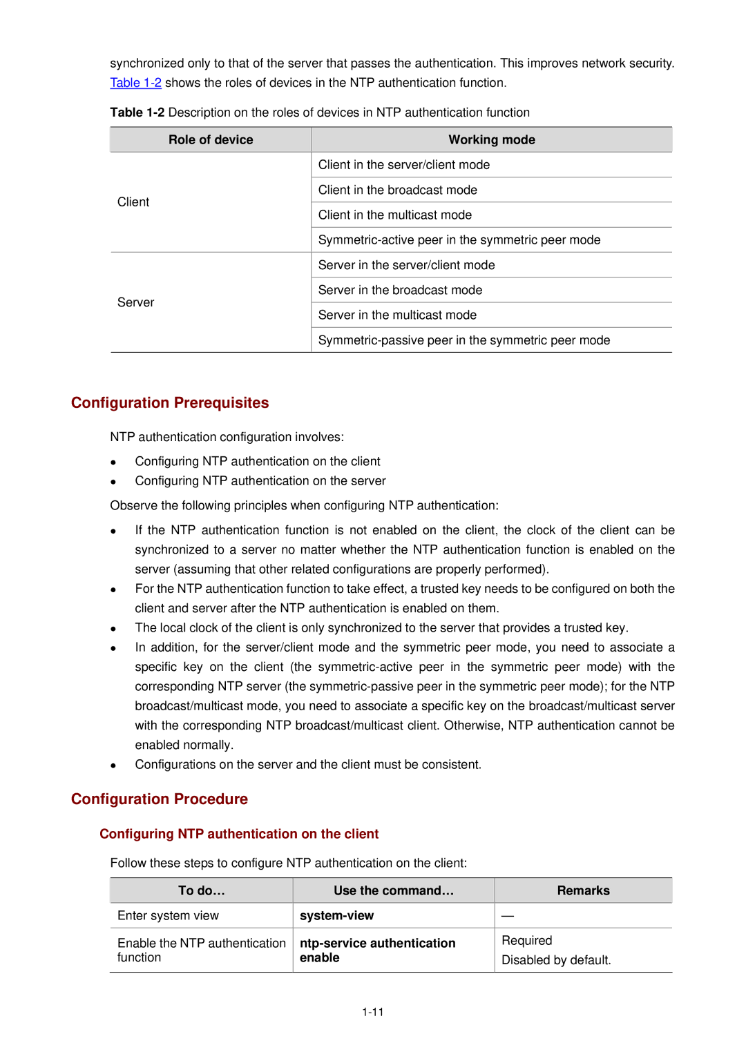 3Com WX3000 operation manual Configuring NTP authentication on the client, Role of device Working mode 