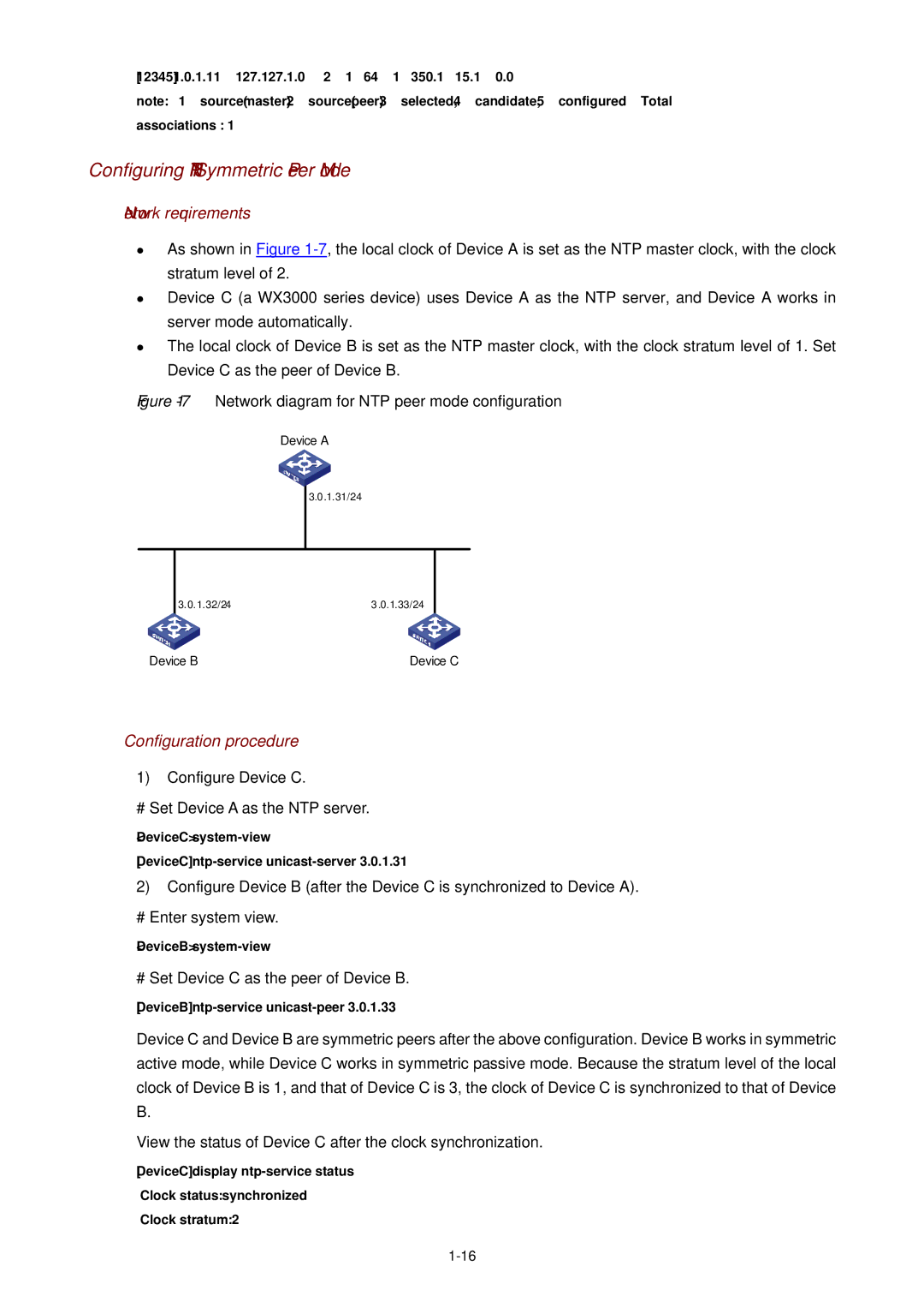 3Com WX3000 operation manual Configuring NTP Symmetric Peer Mode, Configure Device C # Set Device a as the NTP server 