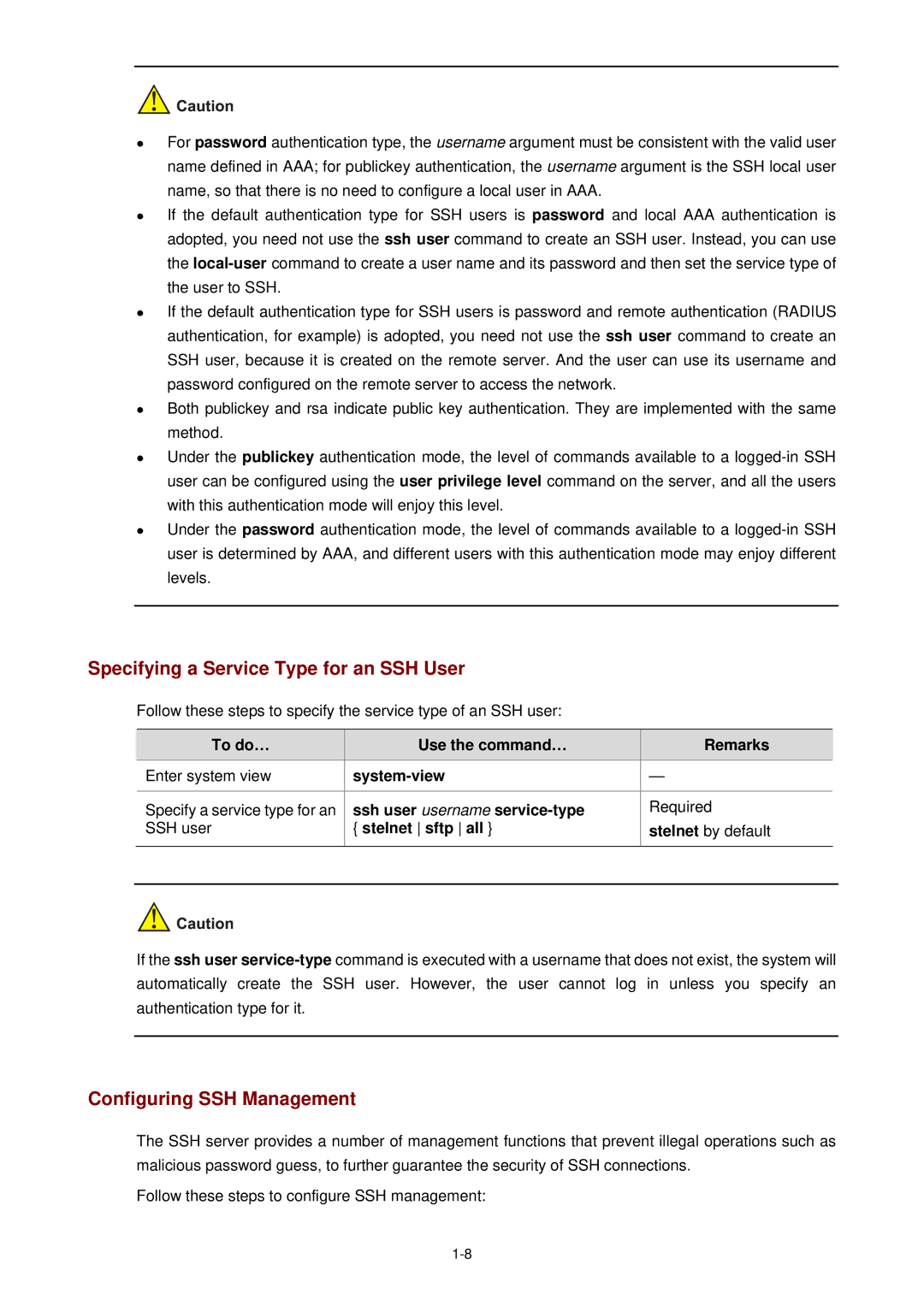 3Com WX3000 Specifying a Service Type for an SSH User, Configuring SSH Management, Ssh user username service-type 