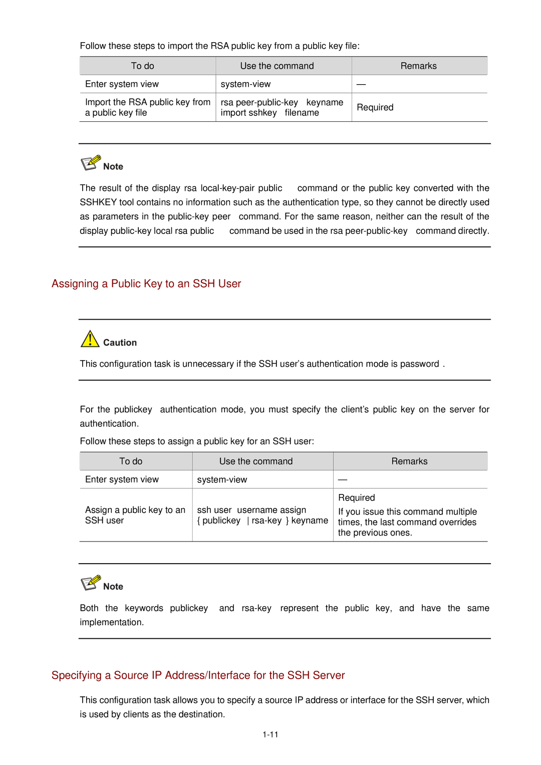 3Com WX3000 Assigning a Public Key to an SSH User, Specifying a Source IP Address/Interface for the SSH Server 