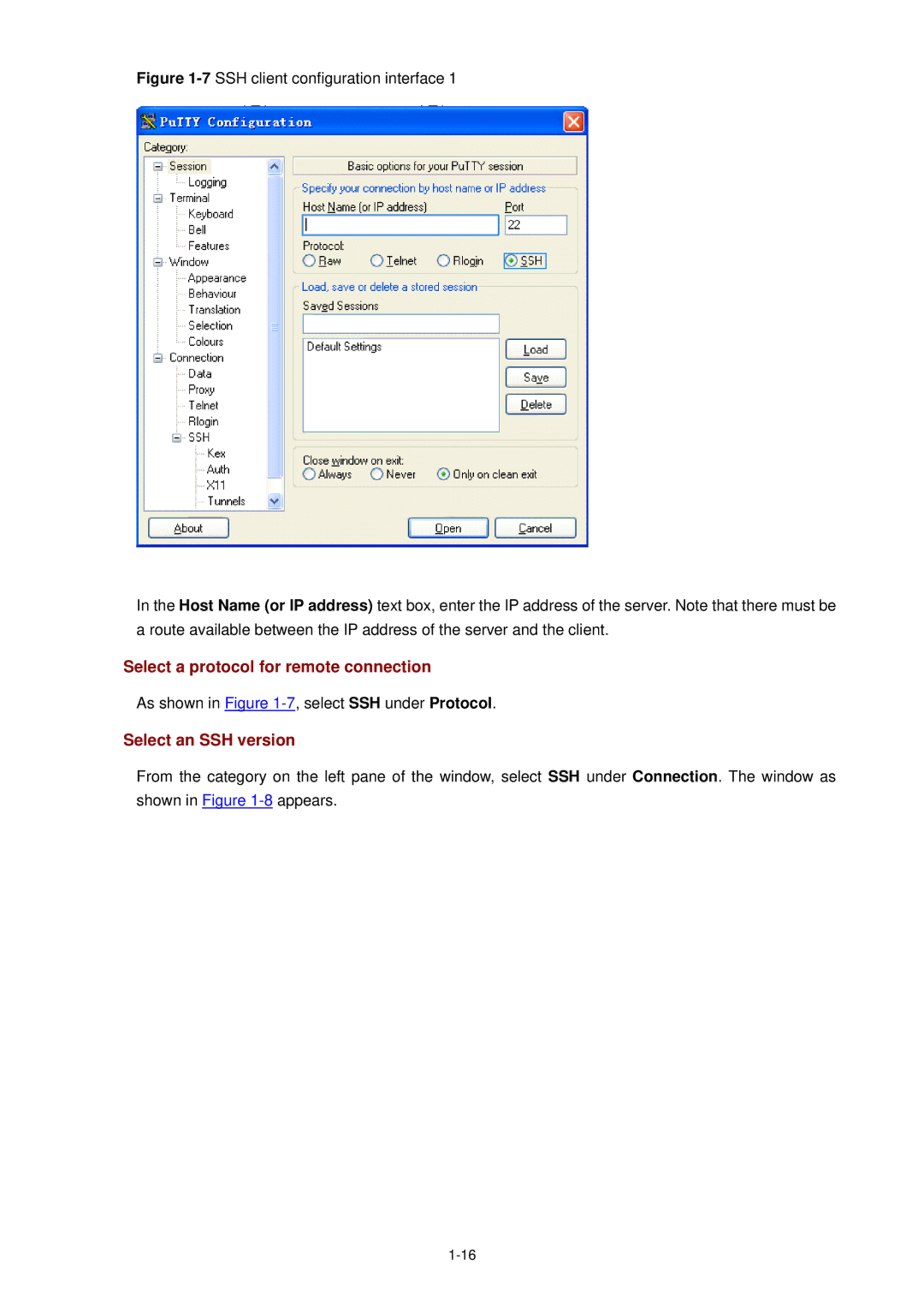 3Com WX3000 Select a protocol for remote connection, Select an SSH version, As shown in -7, select SSH under Protocol 