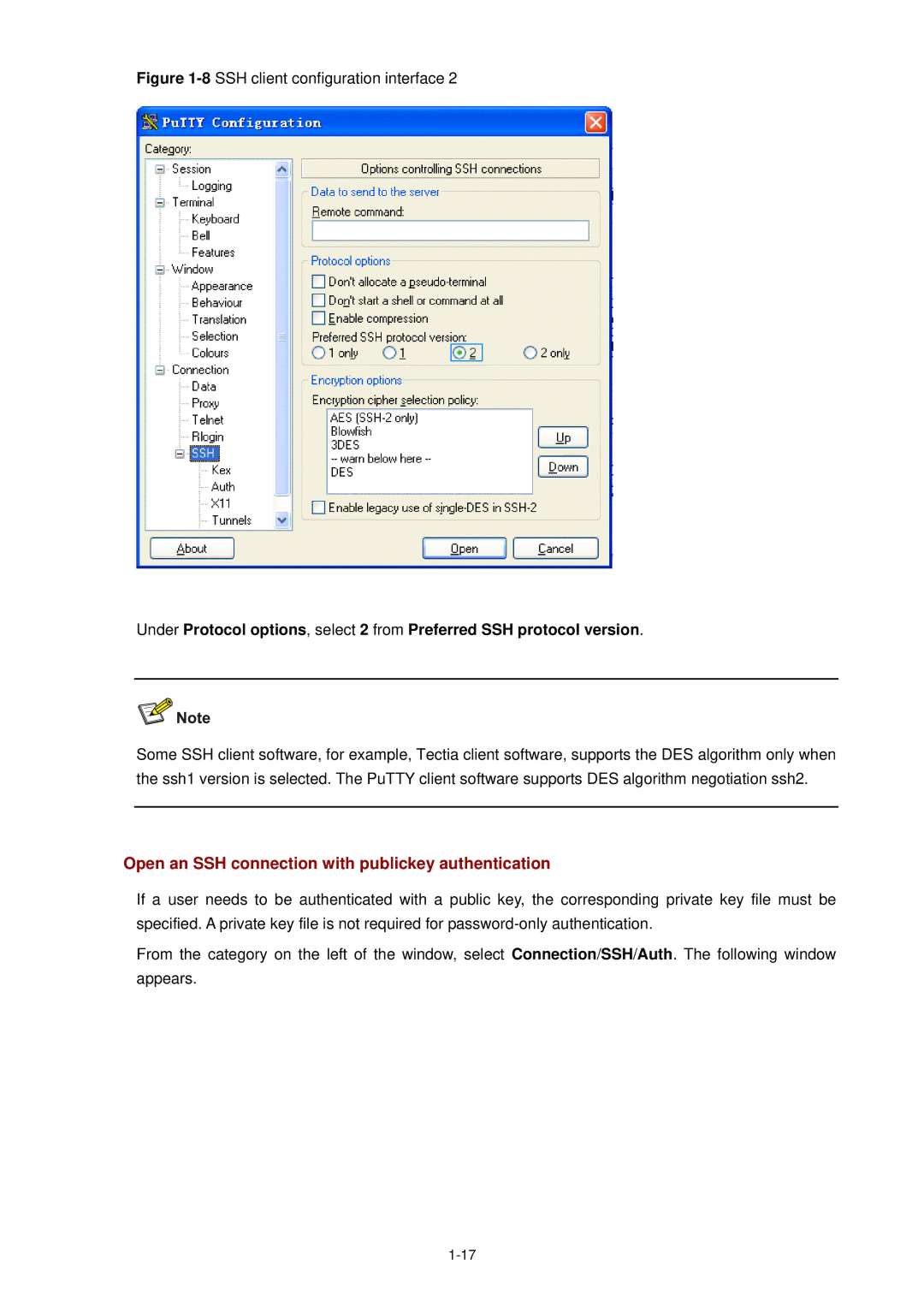 3Com WX3000 operation manual Open an SSH connection with publickey authentication, 8SSH client configuration interface 