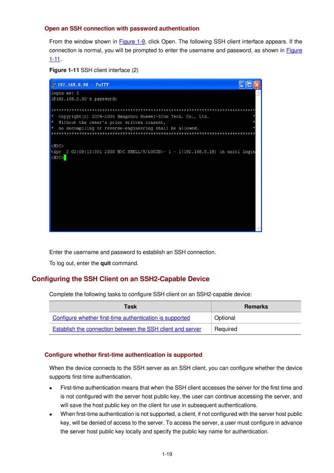 3Com WX3000 Configuring the SSH Client on an SSH2-Capable Device, Open an SSH connection with password authentication 