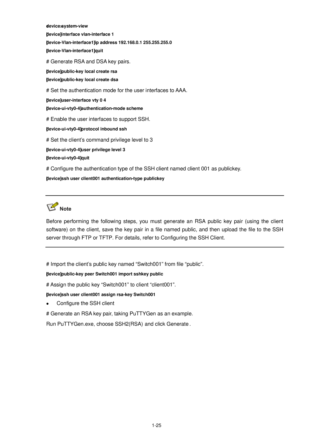 3Com WX3000 # Set the client’s command privilege level to, # Assign the public key Switch001 to client client001 