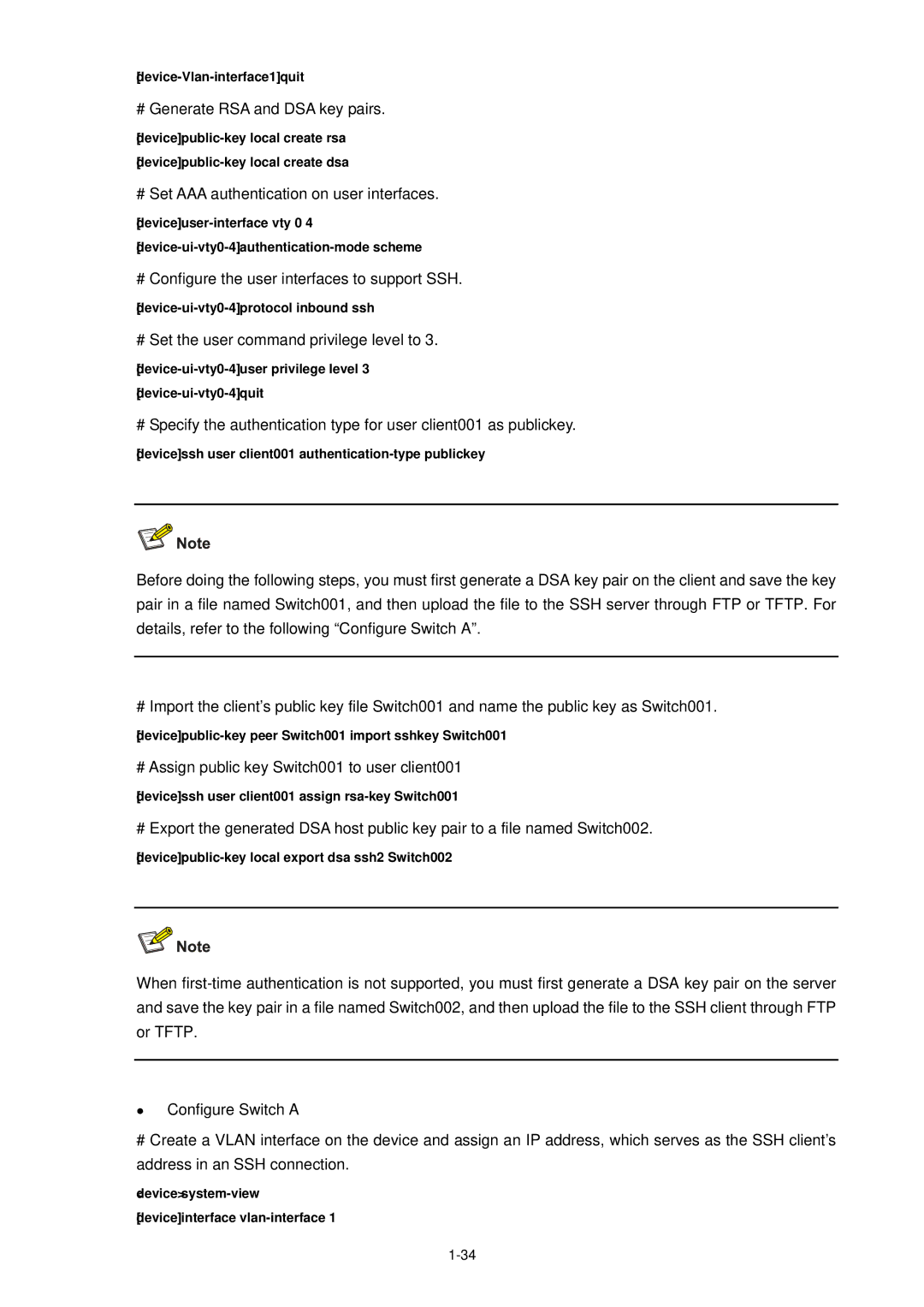 3Com WX3000 operation manual # Set AAA authentication on user interfaces, # Configure the user interfaces to support SSH 