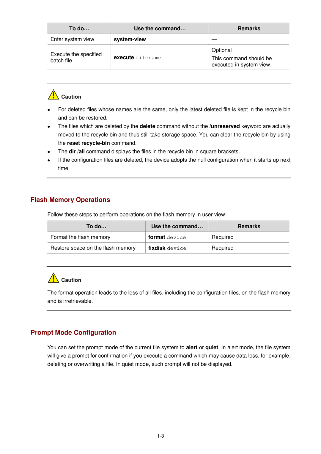 3Com WX3000 Flash Memory Operations, Prompt Mode Configuration, Execute filename, Format device, Fixdisk device 