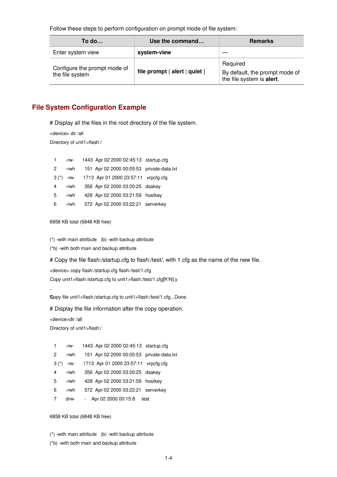 3Com WX3000 operation manual File System Configuration Example, File prompt alert quiet 