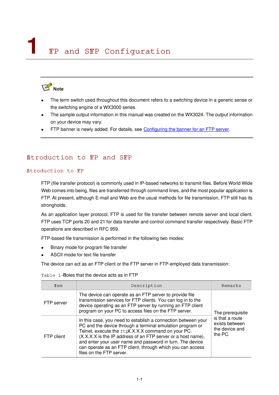 3Com WX3000 operation manual FTP and Sftp Configuration, Introduction to FTP and Sftp, Description Remarks 