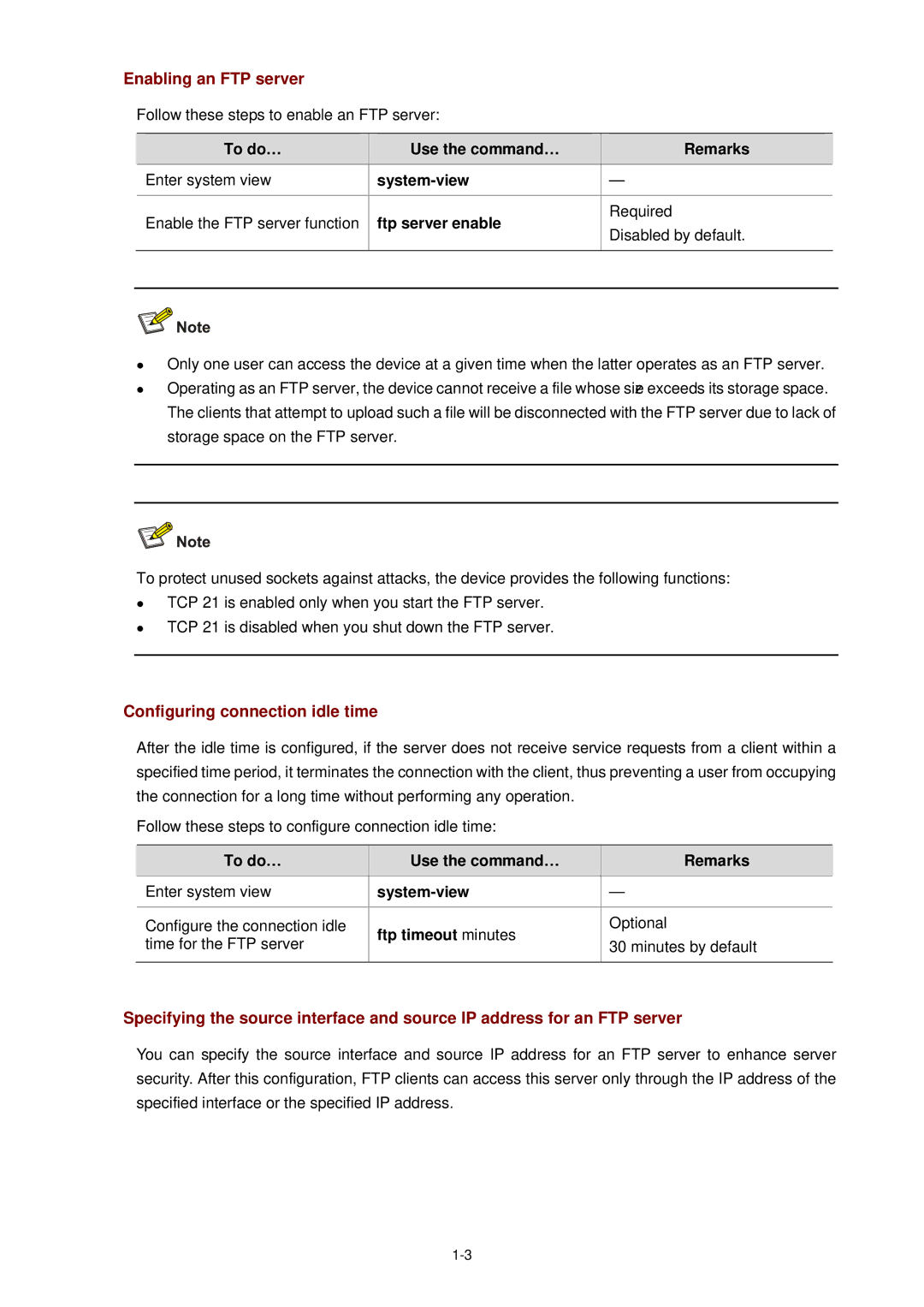 3Com WX3000 operation manual Enabling an FTP server, Configuring connection idle time, Ftp timeout minutes 