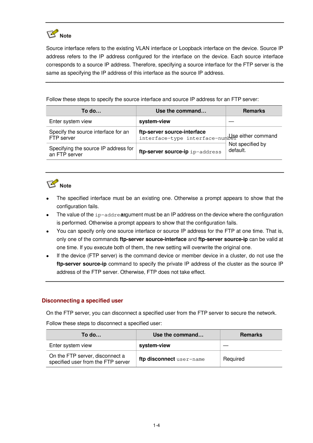 3Com WX3000 operation manual Disconnecting a specified user, Ftp-server source-interface, Ftp-server source-ip ip-address 