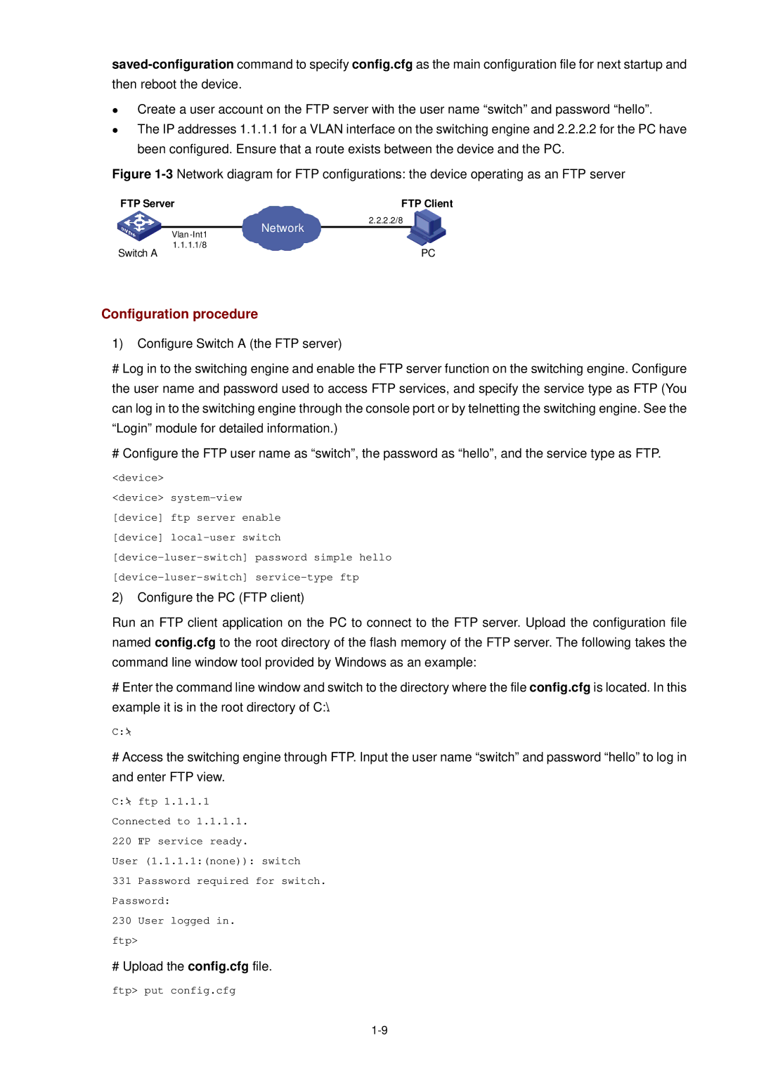 3Com WX3000 operation manual Configuration procedure, # Upload the config.cfg file. ftp put config.cfg 