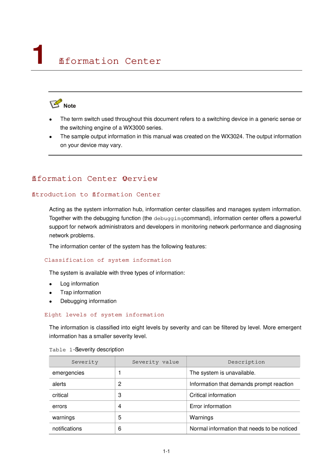 3Com WX3000 Information Center Overview, Introduction to Information Center, Classification of system information 