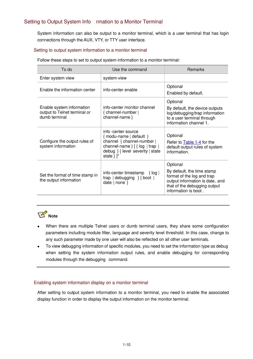 3Com WX3000 operation manual Setting to Output System Information to a Monitor Terminal, Info-center monitor channel 