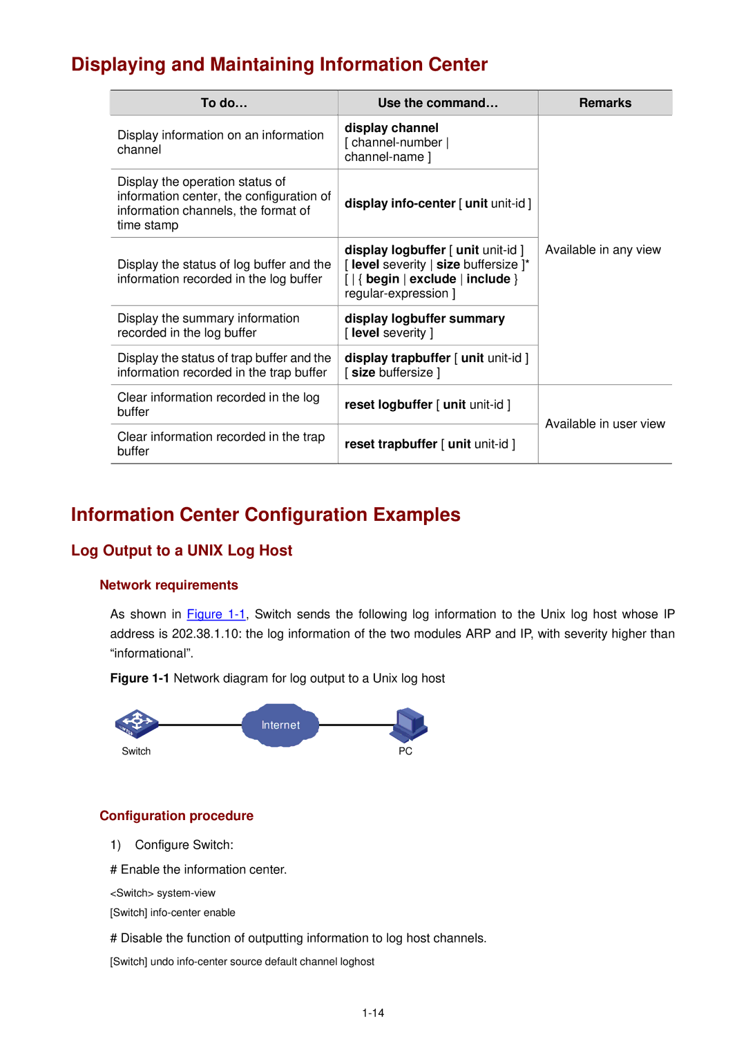 3Com WX3000 operation manual Displaying and Maintaining Information Center, Information Center Configuration Examples 