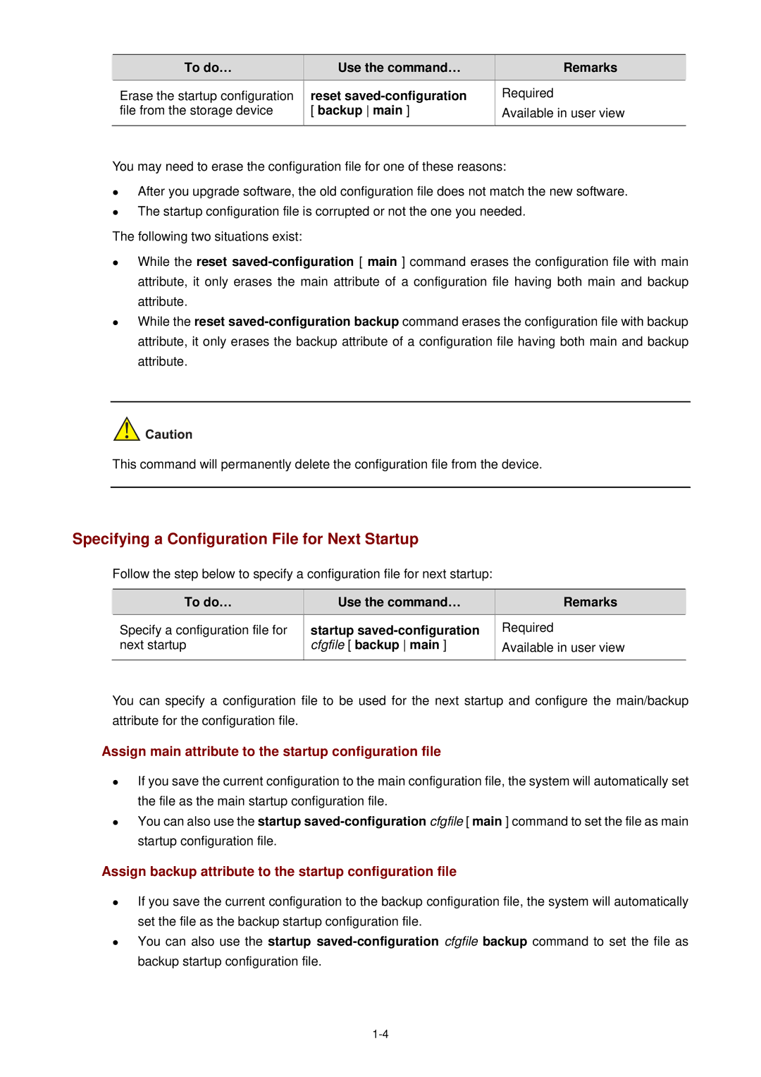 3Com WX3000 Specifying a Configuration File for Next Startup, Assign main attribute to the startup configuration file 