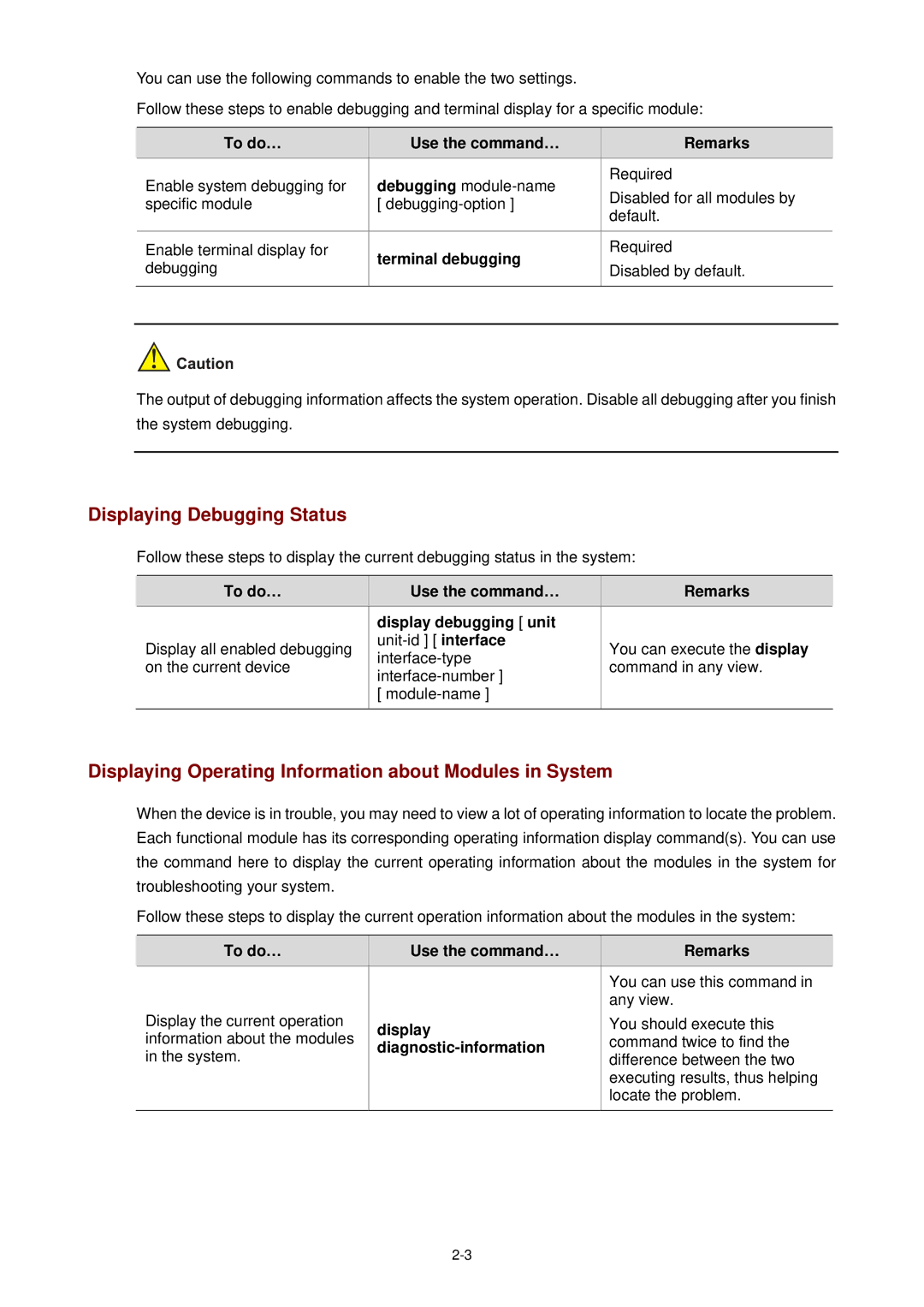 3Com WX3000 operation manual Displaying Debugging Status, Displaying Operating Information about Modules in System 