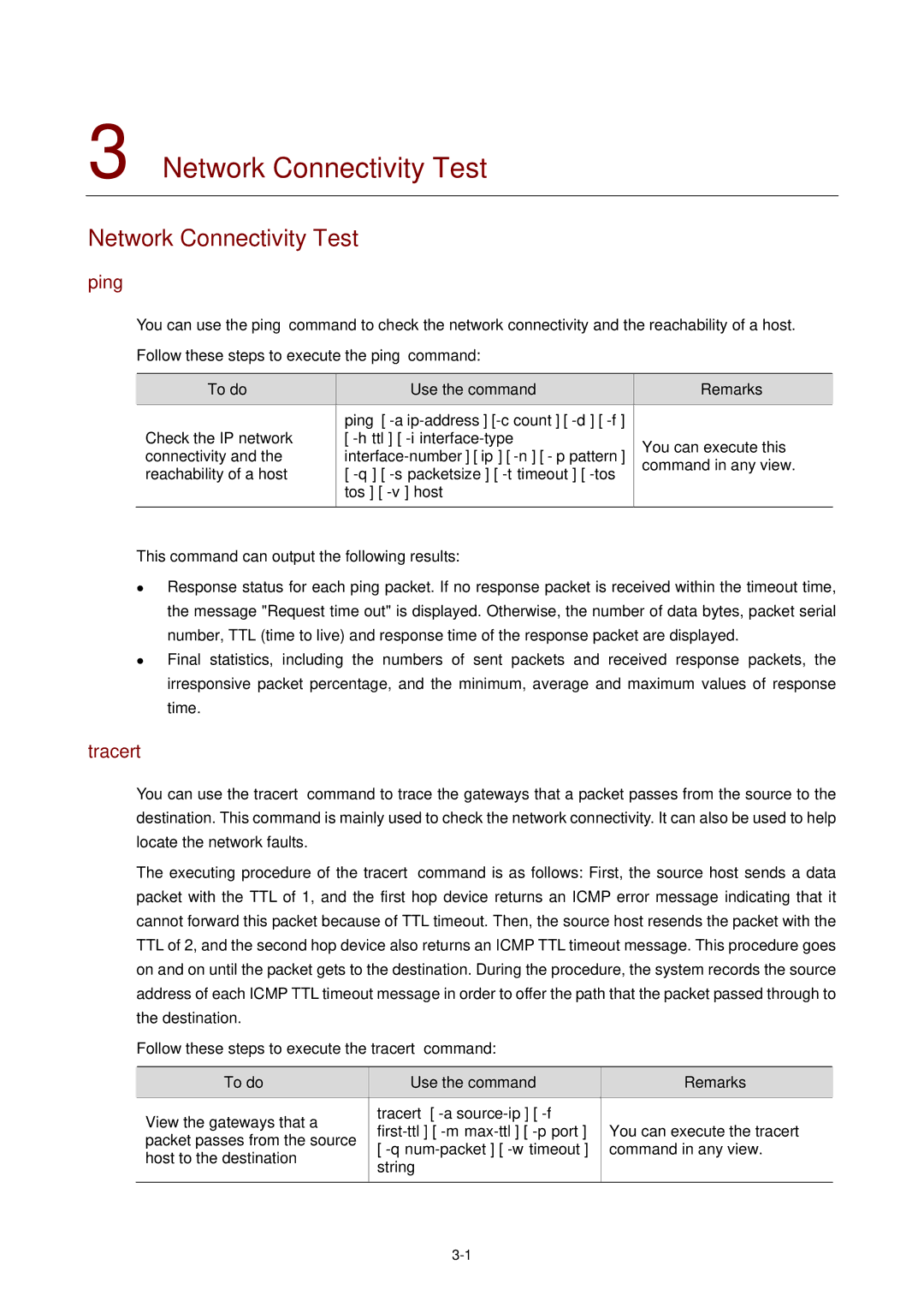 3Com WX3000 operation manual Network Connectivity Test, Ping, Tracert -a source-ip -f 