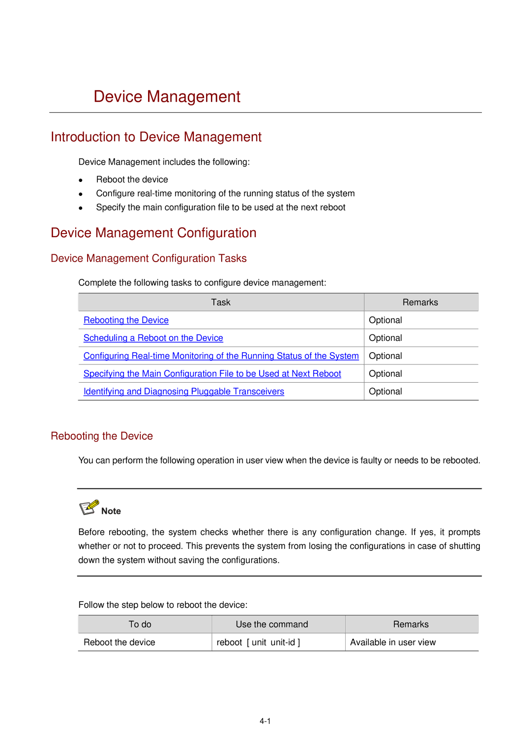 3Com WX3000 Introduction to Device Management, Device Management Configuration Tasks, Rebooting the Device 