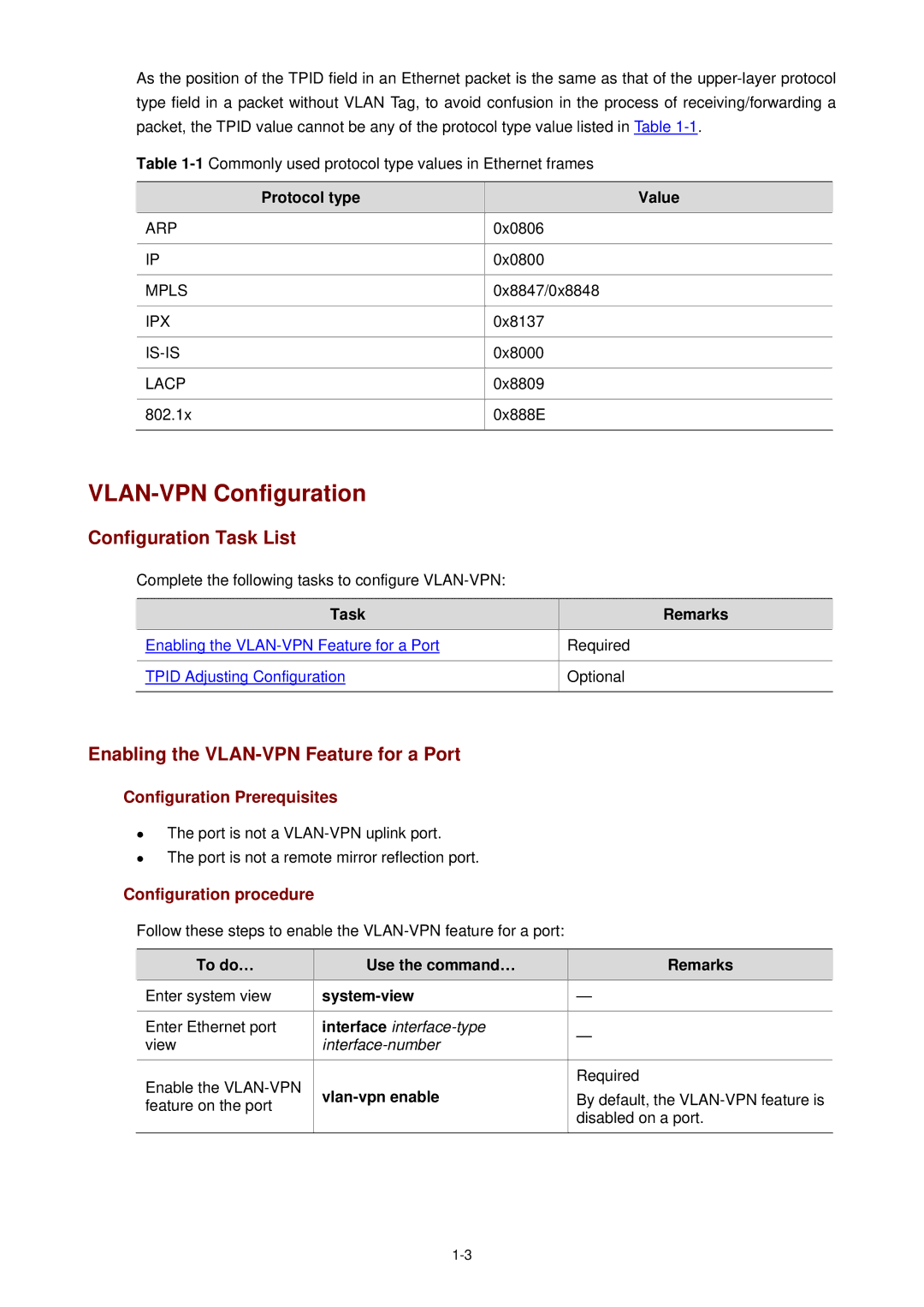 3Com WX3000 operation manual VLAN-VPN Configuration, Enabling the VLAN-VPN Feature for a Port, Protocol type Value 