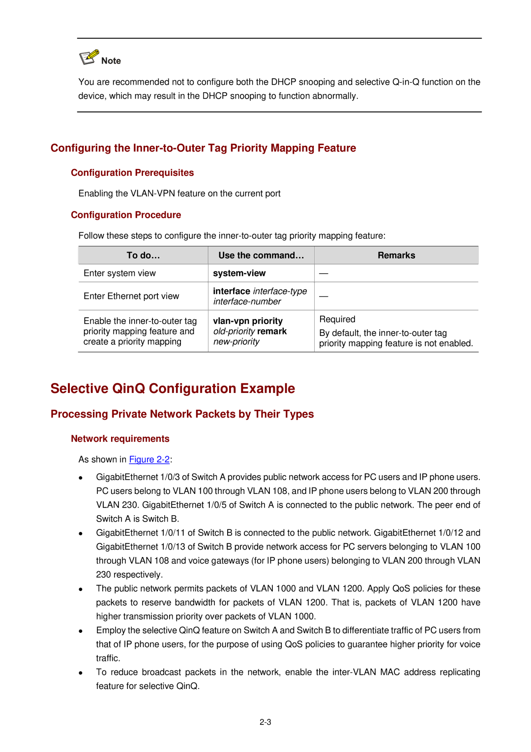 3Com WX3000 Selective QinQ Configuration Example, Configuring the Inner-to-Outer Tag Priority Mapping Feature 