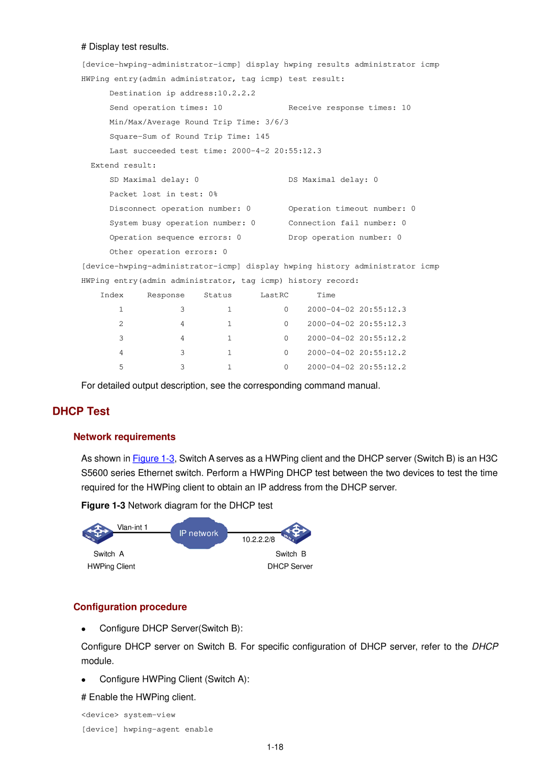 3Com WX3000 operation manual Dhcp Test, # Display test results 