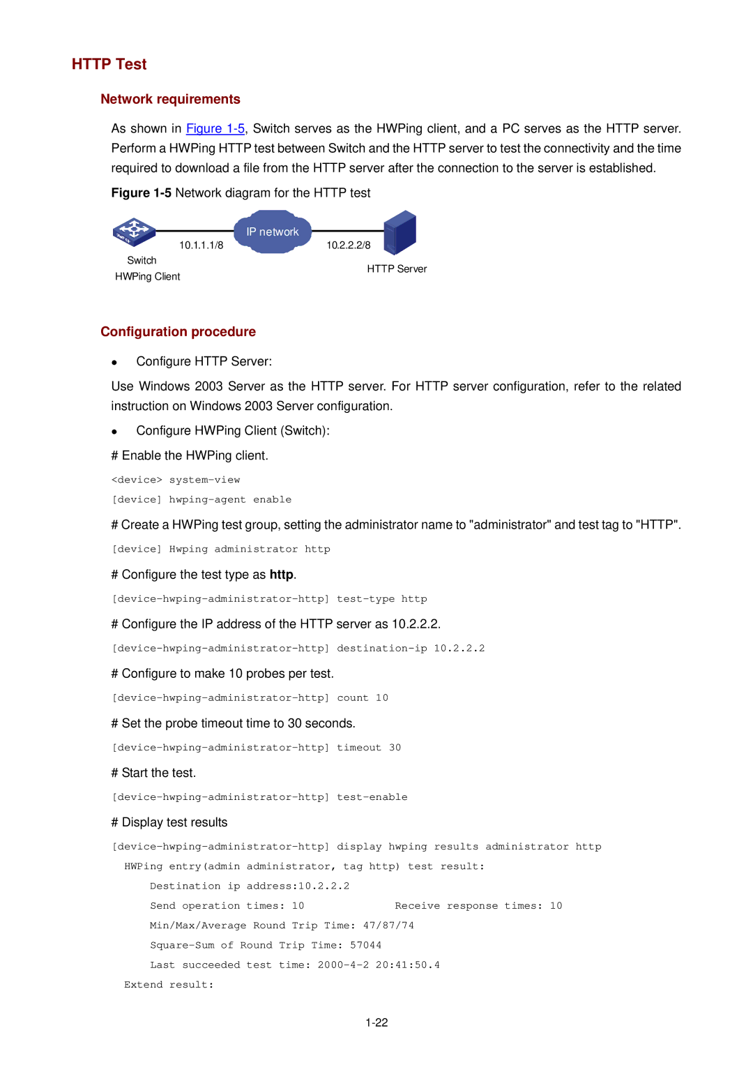 3Com WX3000 operation manual Http Test, # Configure the test type as http, # Configure the IP address of the Http server as 