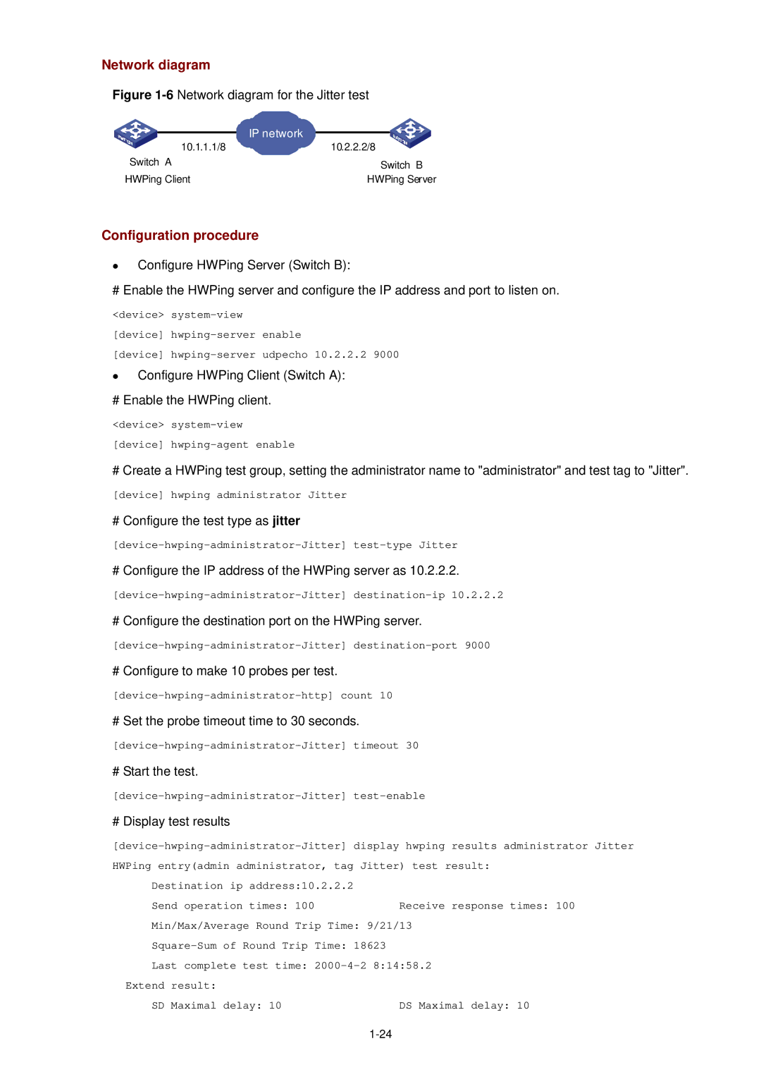 3Com WX3000 operation manual Network diagram, Configure HWPing Client Switch a # Enable the HWPing client 