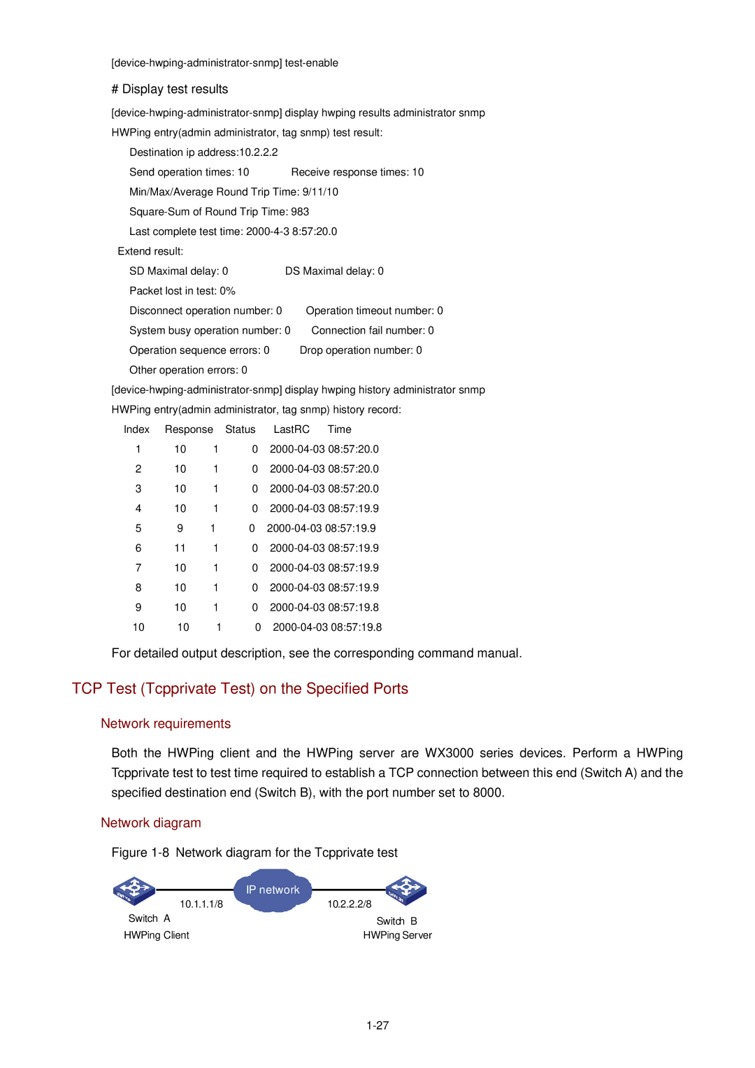 3Com WX3000 operation manual TCP Test Tcpprivate Test on the Specified Ports, 8Network diagram for the Tcpprivate test 