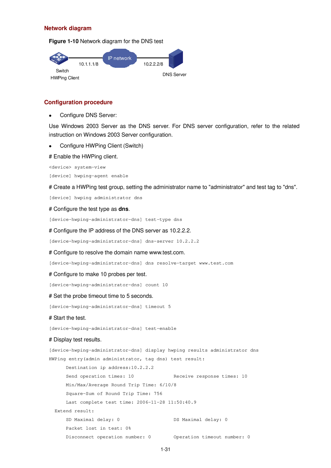 3Com WX3000 operation manual # Configure the test type as dns, # Configure the IP address of the DNS server as 