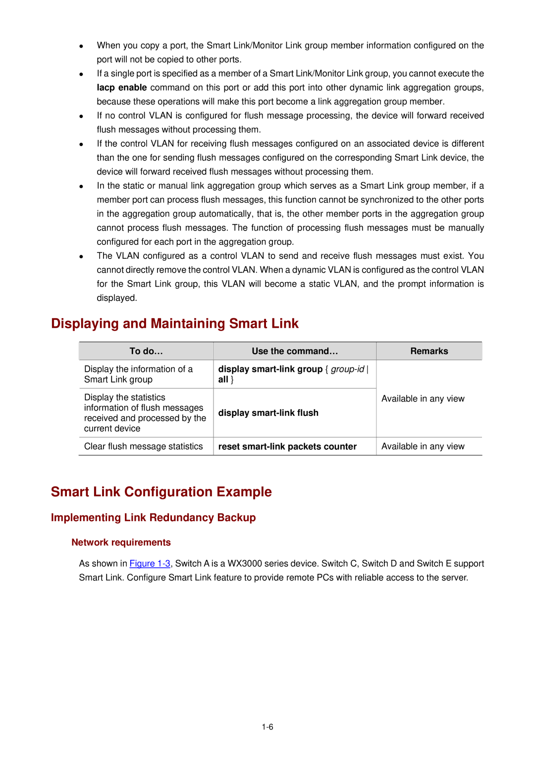 3Com WX3000 Displaying and Maintaining Smart Link, Smart Link Configuration Example, Implementing Link Redundancy Backup 