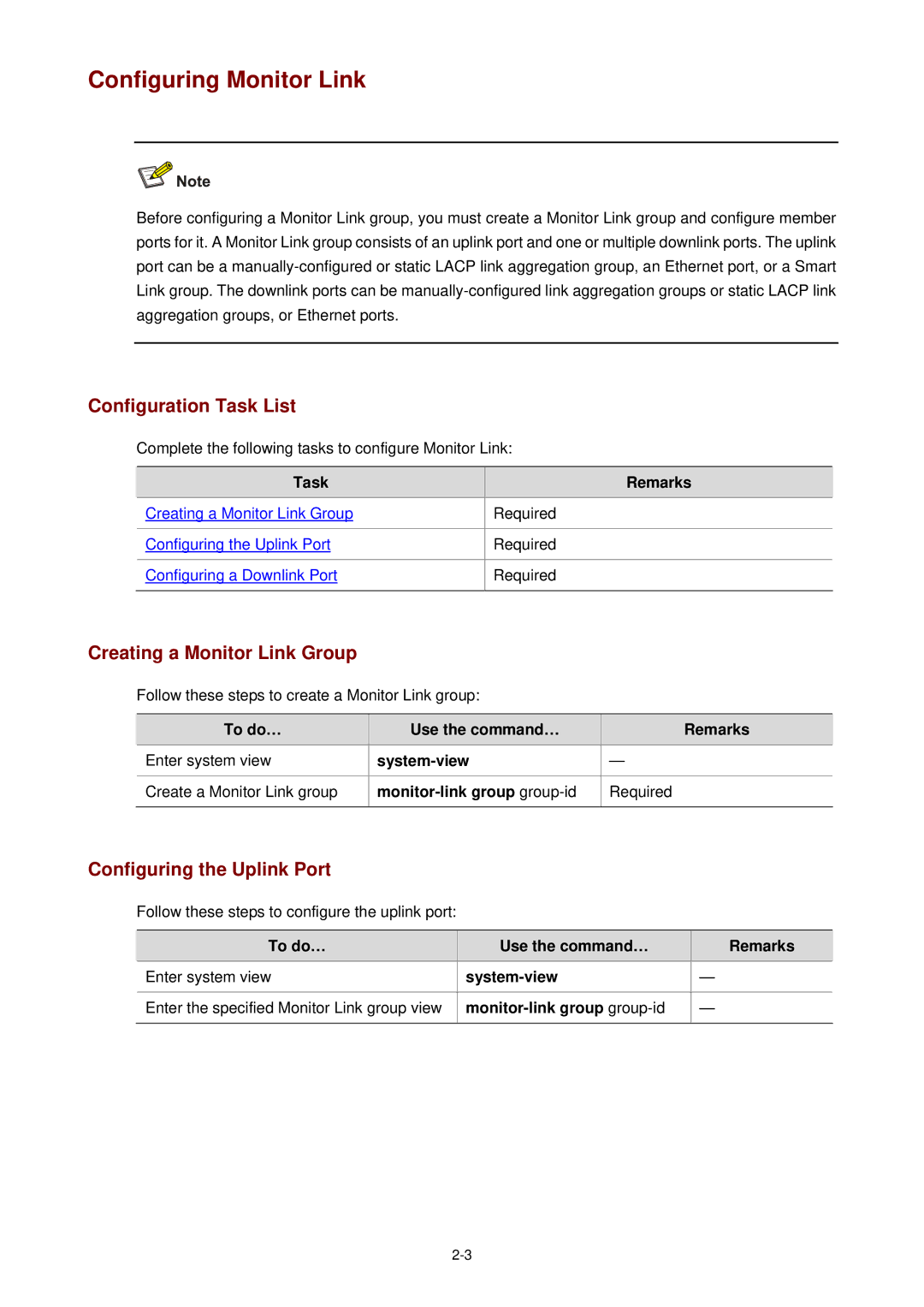 3Com WX3000 operation manual Configuring Monitor Link, Creating a Monitor Link Group, Configuring the Uplink Port 