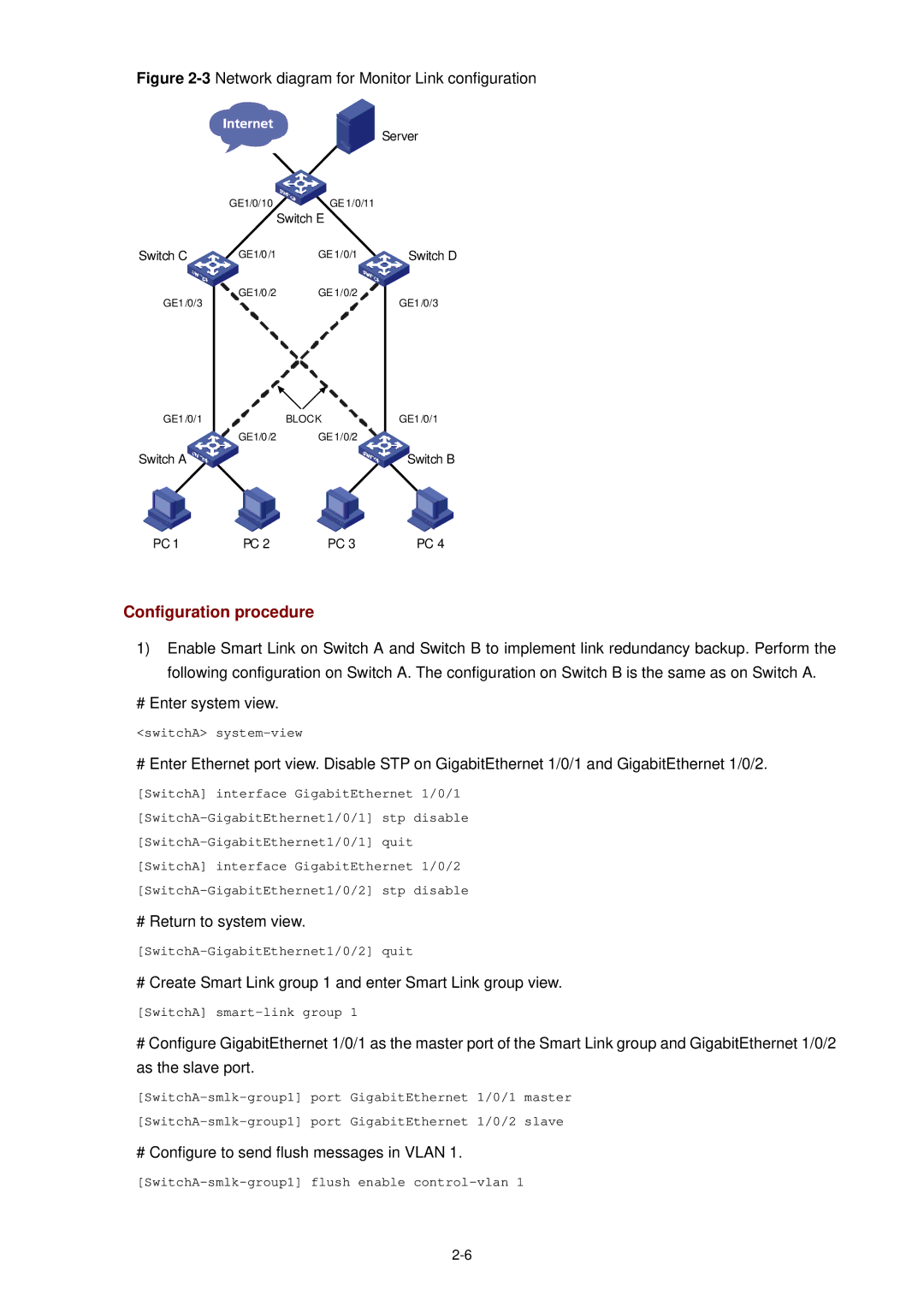 3Com WX3000 # Create Smart Link group 1 and enter Smart Link group view, # Configure to send flush messages in Vlan 