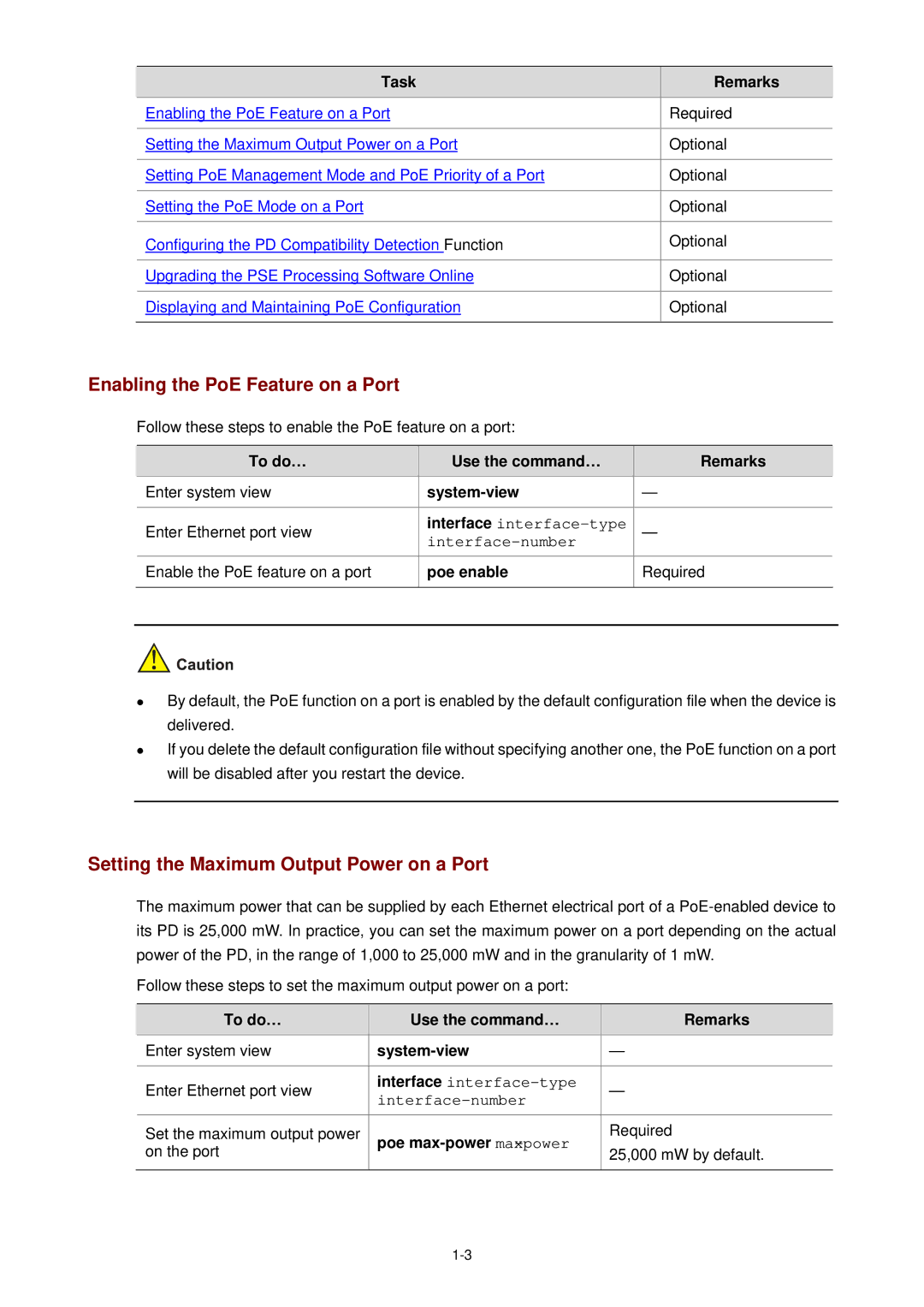 3Com WX3000 operation manual Enabling the PoE Feature on a Port, Setting the Maximum Output Power on a Port, Poe enable 