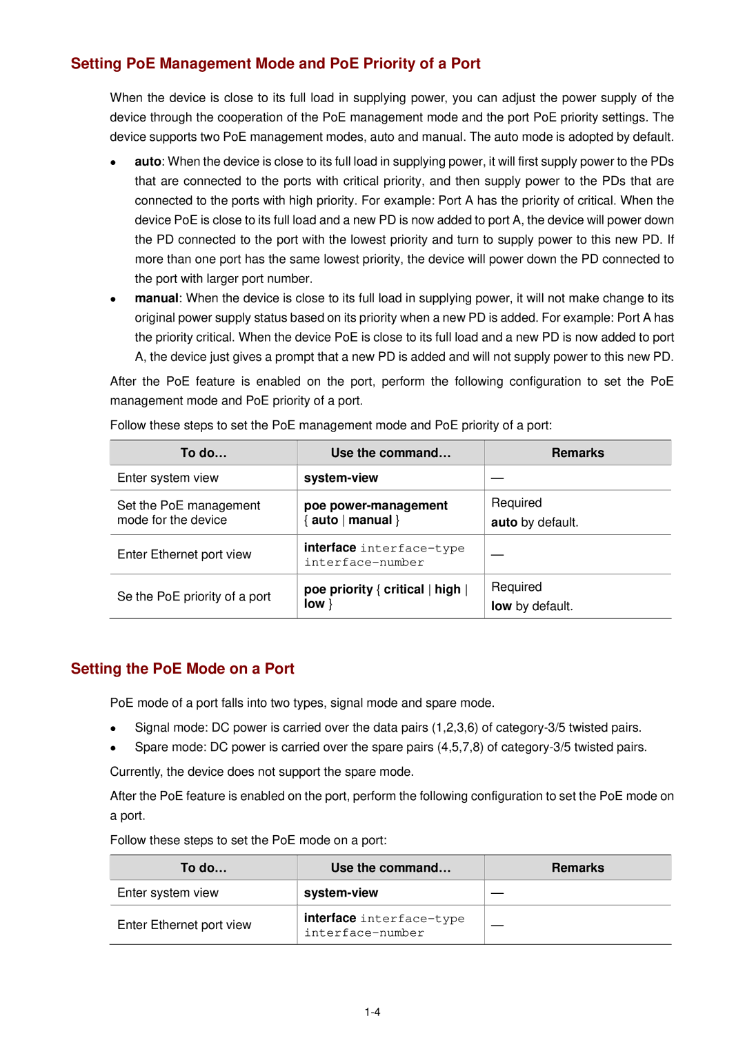 3Com WX3000 Setting PoE Management Mode and PoE Priority of a Port, Setting the PoE Mode on a Port, Poe power-management 