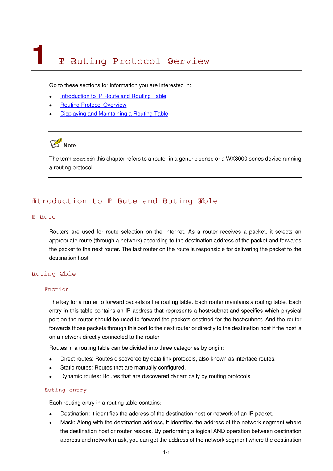 3Com WX3000 operation manual IP Routing Protocol Overview, Introduction to IP Route and Routing Table 