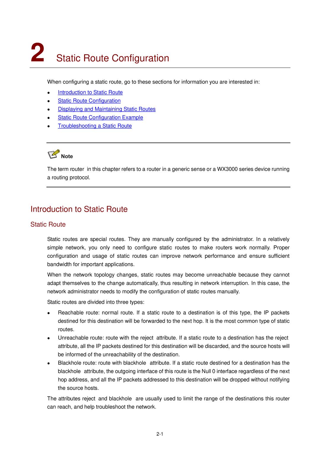 3Com WX3000 operation manual Static Route Configuration, Introduction to Static Route 