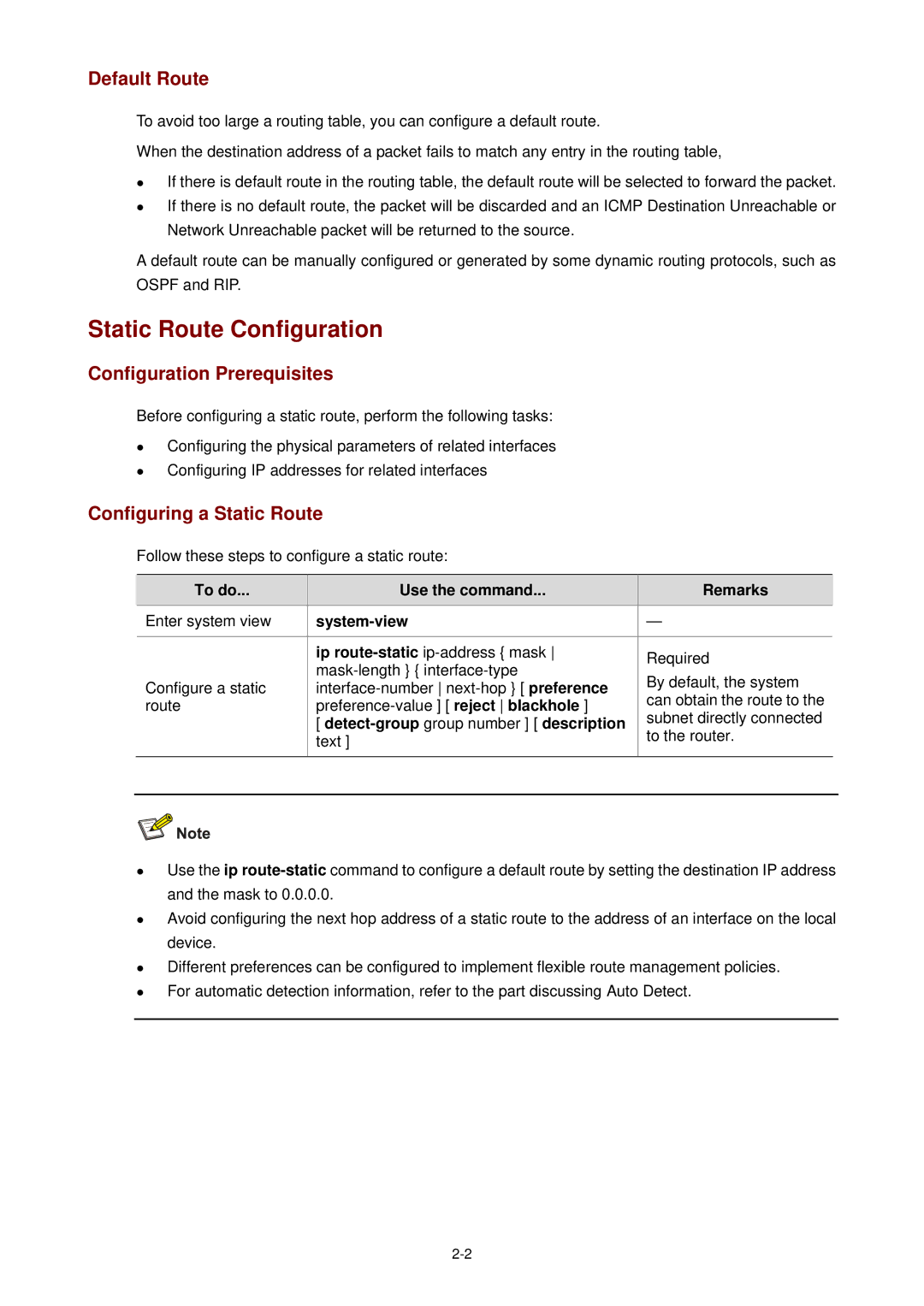 3Com WX3000 operation manual Static Route Configuration, Default Route, Configuring a Static Route 